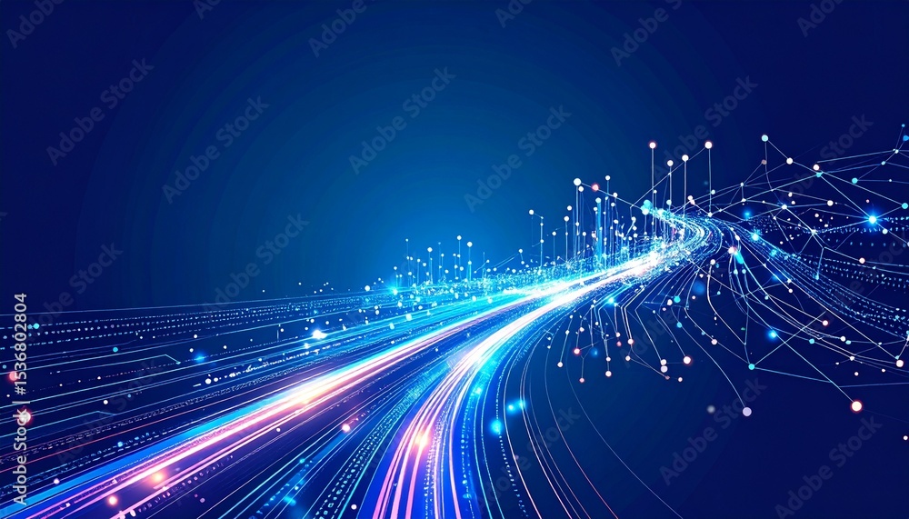 Poster highway scene with lines and dots representing artificial intelligence data stream visualization