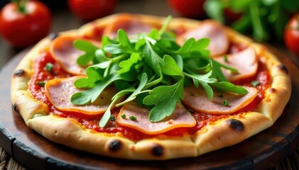 Sliced ham and arugula atop a tomato-sauced pizza , sauce, yummy, photography