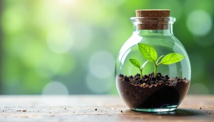 Small potted plants enclosed in a clear glass bottle , garden, miniature, white background