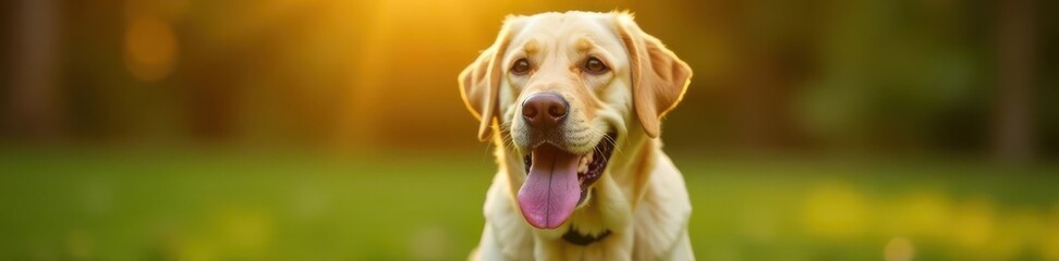 Smiling Labrador retrieves package, tongue out, post, delivery, happy