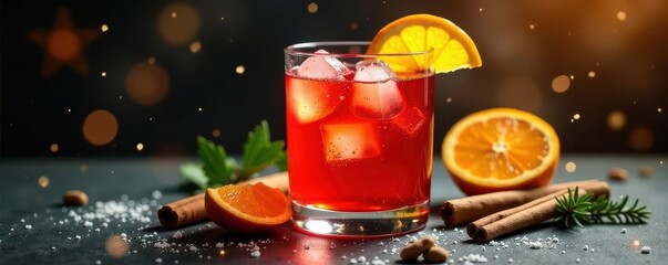 Sparkling holiday punch with orange ice & cinnamon sticks Festive glassware , celebration, free space, copy space