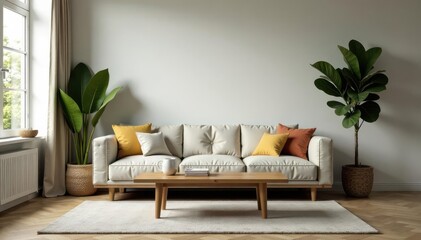 Spacious living room, comfy sofa, rustic wooden table, leafy plant , design, room, aesthetic