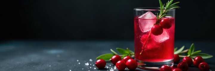 Sparkling red cranberry cocktail Rosemary garnish, ice, dark background , red, cocktail, cold