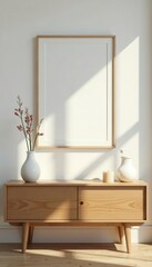 Sunlit minimalist Scandinavian interior White poster, candles, lilies, wooden console , shadows, home decor, cozy
