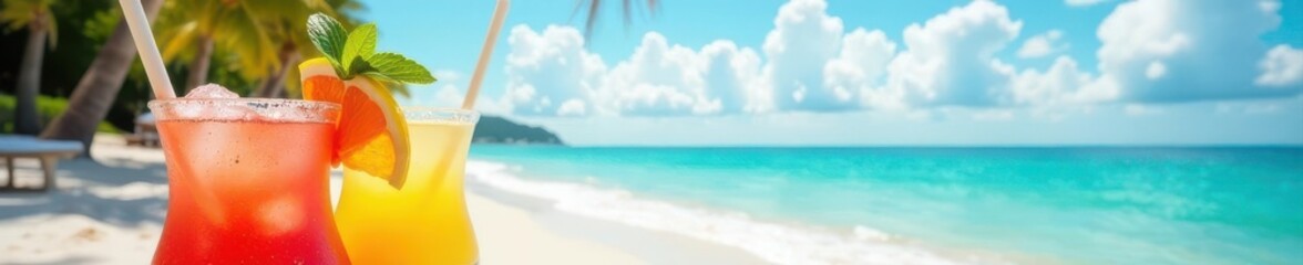 Sunny beach with colorful summer cocktails, panoramic view, banner, ocean, cocktails