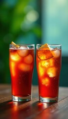 Two glasses of soda water; wooden table background , simple, modern, photography