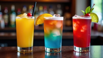 Three colorful cocktails with garnishes, displayed on a blurred bar counter , glass, citrus, exotic