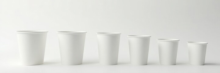 Various empty cups, different sizes, on pristine white surface , modern, various