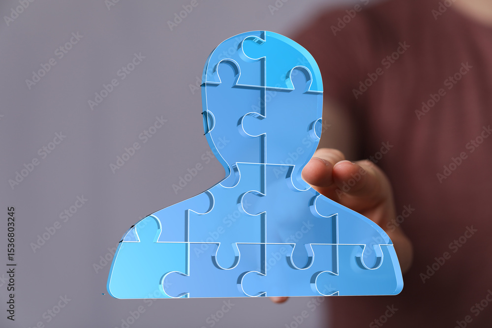 Poster abstract puzzle person image. ideal for teamwork, hr, and collaboration concepts.