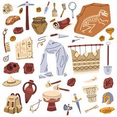 set of archaeological objects, flat color style. collection of historical finds in color. It is suitable for educational projects, infographics, books, presentations and design on historical topics.