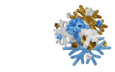 A soft plush-style Christmas composition with a gray Christmas tree, blue snowflake, stars, and a gift box. Isolated on white background. Cute and cozy holiday concept.