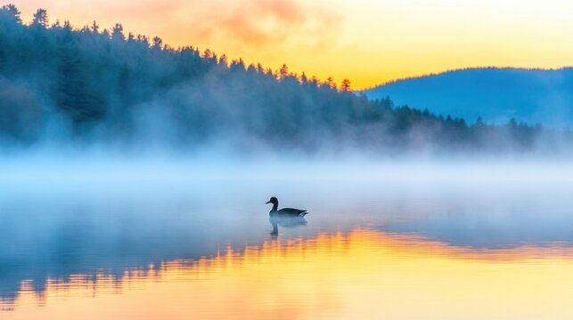 Calm duck gliding on misty lake at sunrise in serene wilderness