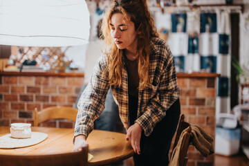 A woman wearing a plaid shirt cleans a wooden dining table in a cozy, brick-accented kitchen. The warm lighting enhances the calm and organized atmosphere of the homely environment.