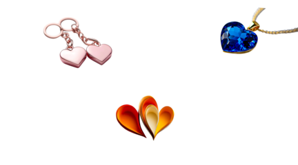 Romantic heart-shaped jewelry collection featuring rose gold keychains, a sapphire pendant, and abstract heart designs perfect for Valentine's Day or anniversary gifts, transparent background