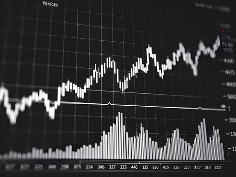 Monochrome Stock Market Data Graph Displaying Candlestick and Bar Charts on Dark Background Showing Price Fluctuations and Volume