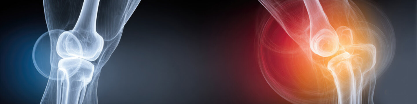 Innovative Medical Illustration: Human Knee Joint Connected by Ethereal White Circles on Dark Gradient Background. Abstract Commercial Design for Healthcare, Rehabilitation Centers, and Medical Examin