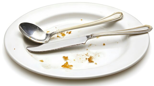 Empty Plate with Spoon and Knife Food Scraps Leftover Dessert