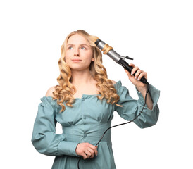 Woman curling her hair on white background