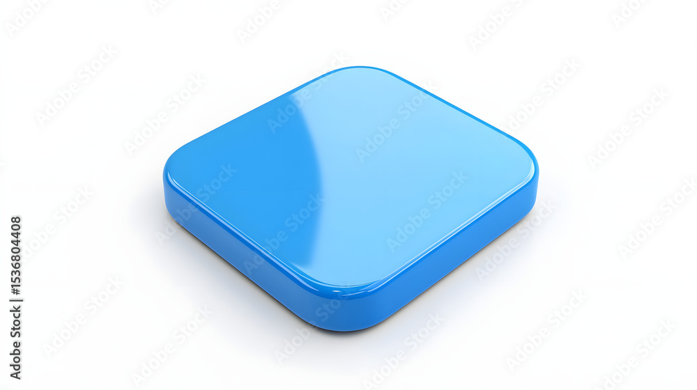 Poster blank mobile application icon, button - blue square with round corners. 3d rendering, white backgrou