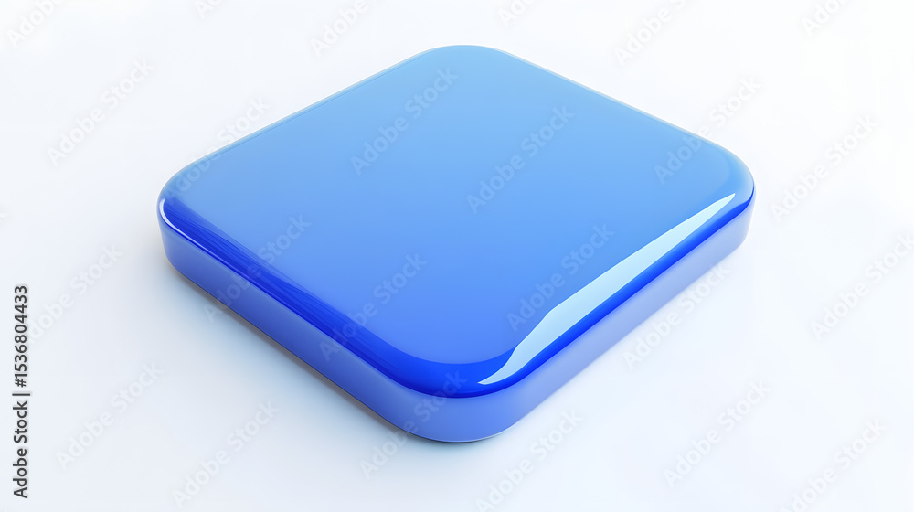 Poster blank mobile application icon, button - blue square with round corners. 3d rendering, white backgrou