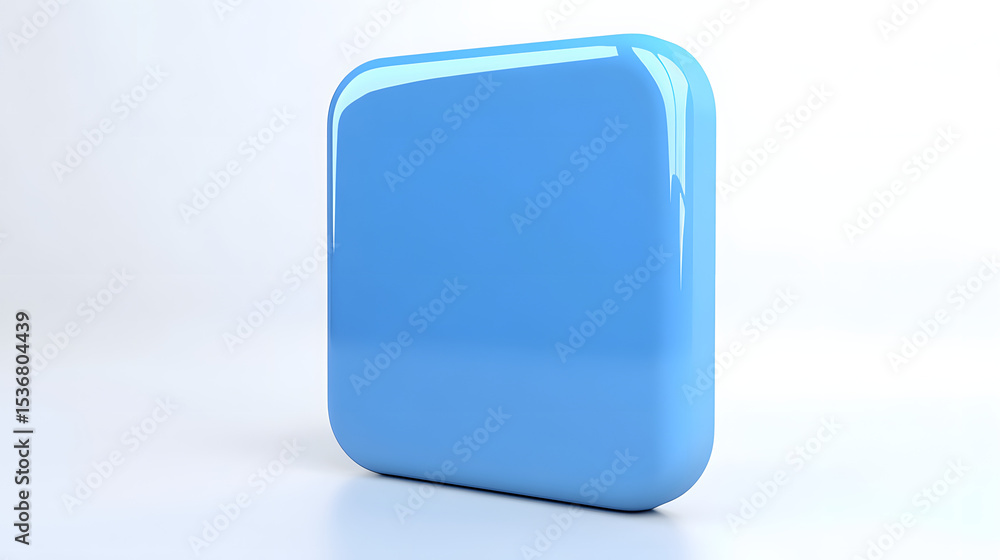 Poster blank mobile application icon, button - blue square with round corners. 3d rendering, white backgrou