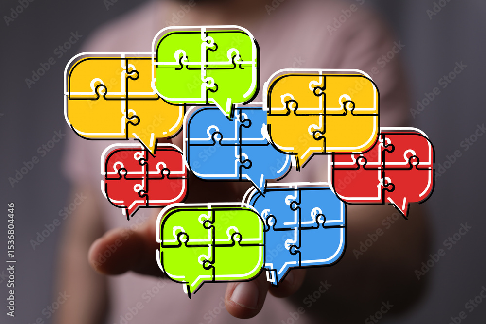 Poster Colorful puzzle pieces in speech bubbles illustrate teamwork and communication.  Ideal for collaboration, problem-solving, and connection concepts.