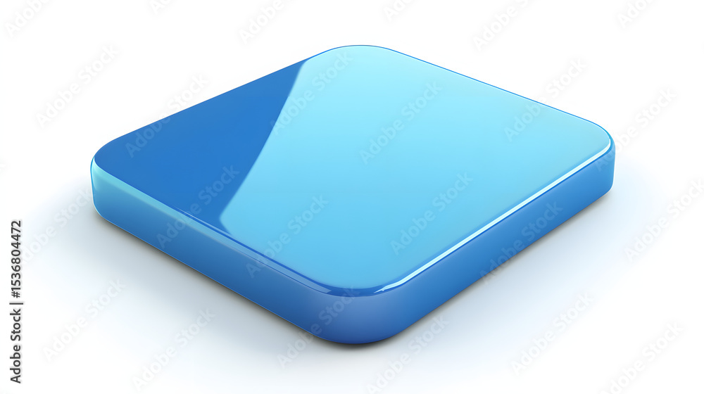 Poster blank mobile application icon, button - blue square with round corners. 3d rendering, white backgrou