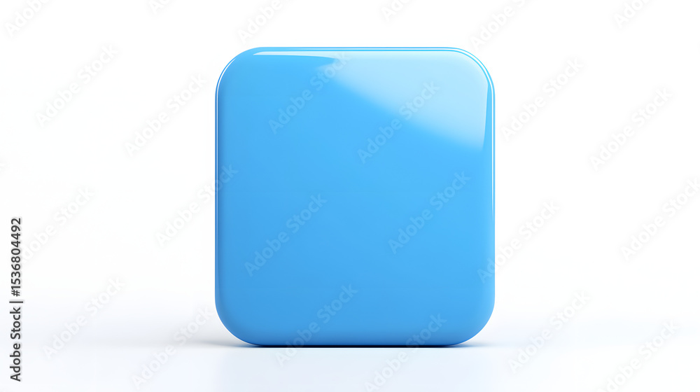 Poster blank mobile application icon, button - blue square with round corners. 3d rendering, white backgrou
