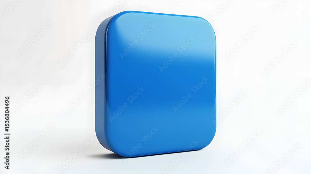 Poster blank mobile application icon, button - blue square with round corners. 3d rendering, white backgrou