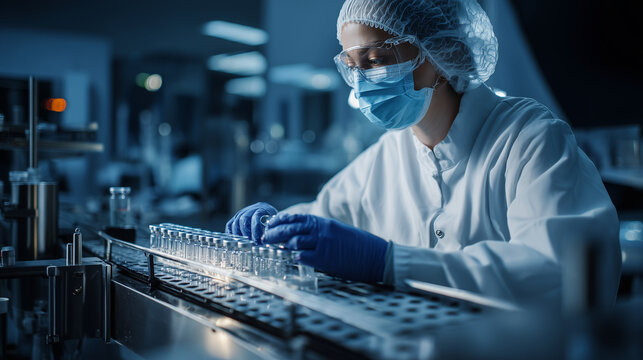 female pharmaceutical lab scientist pharmacist examining medical vials In a healthcare factory