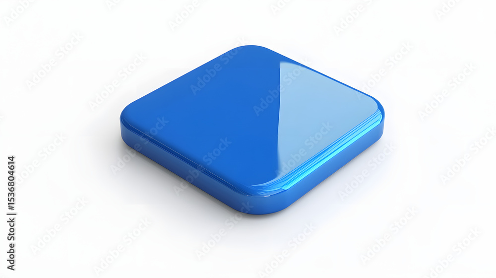 Poster blank mobile application icon, button - blue square with round corners. 3d rendering, white backgrou