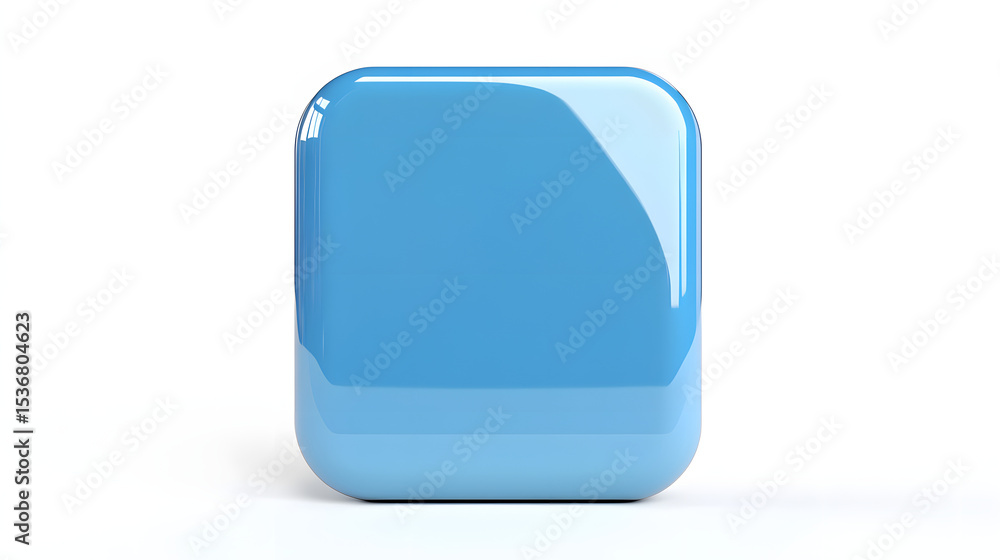 Poster blank mobile application icon, button - blue square with round corners. 3d rendering, white backgrou