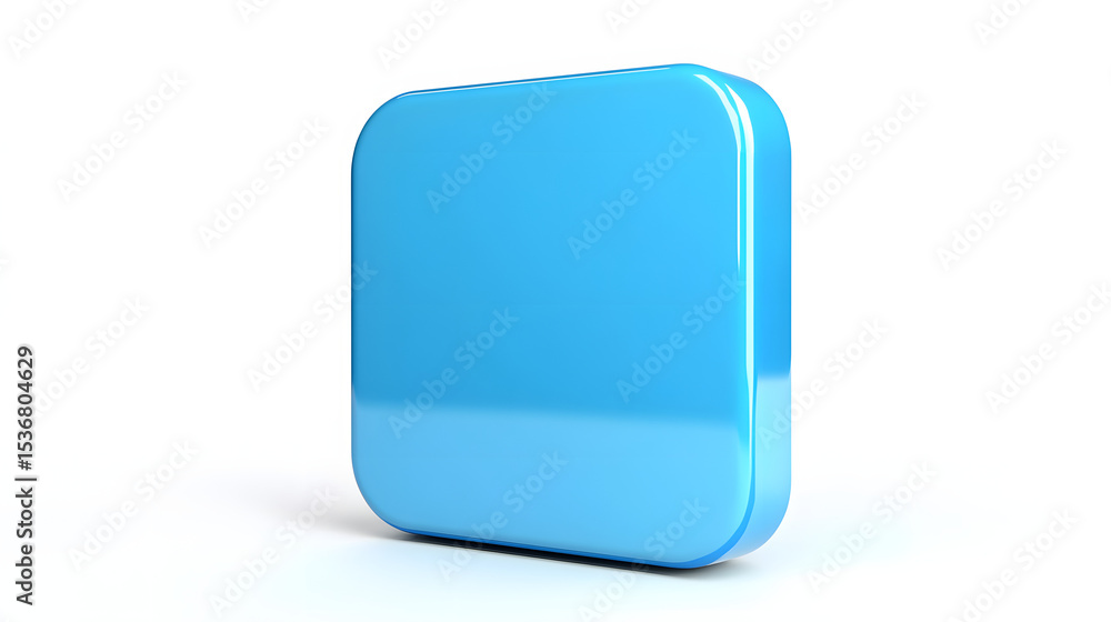 Poster blank mobile application icon, button - blue square with round corners. 3d rendering, white backgrou