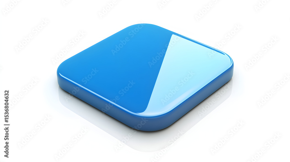 Poster blank mobile application icon, button - blue square with round corners. 3d rendering, white backgrou