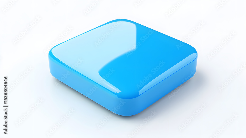 Poster blank mobile application icon, button - blue square with round corners. 3d rendering, white backgrou