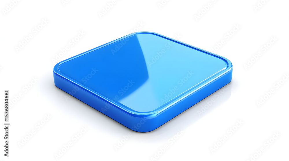 Poster blank mobile application icon, button - blue square with round corners. 3d rendering, white backgrou