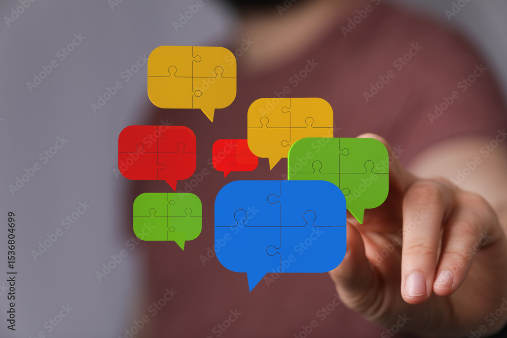 Aufkleber abstract image of puzzle pieces forming speech bubbles, symbolizing communication and collaboration.