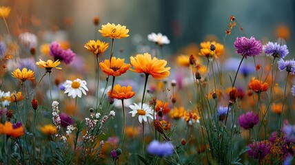 Field of colorful wildflowers in full bloom under a warm, sunny sky, shallow depth of field