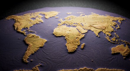Golden Embossed World Map: A Textured Globe