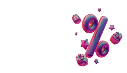 Colorful 3D discount and sale composition with shopping bags, gifts, and percentage symbol. Ideal for Black Friday, Cyber Monday, Christmas promotions, and e-commerce ads.