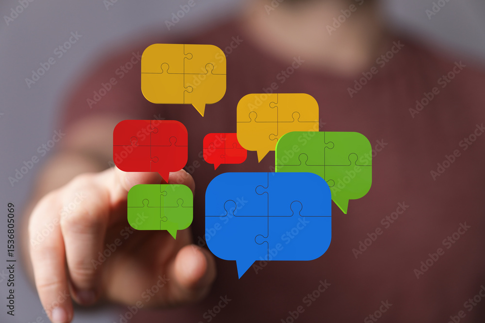 Poster colorful puzzle pieces in speech bubbles symbolize teamwork, problem-solving, and communication.