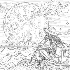 Woman tourist by the sea looking at the full moon.Coloring book antistress for children and adults. 