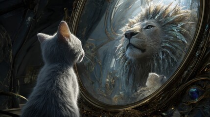 Cat seeing itself as a lion in the reflection highlights self discovery, emphasizing the importance of exploring identity and recognizing untapped potential.