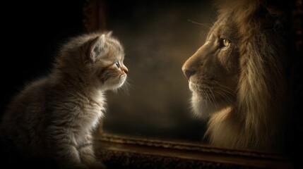 Cat seeing itself as a lion in the reflection highlights self discovery, emphasizing the importance of exploring identity and recognizing untapped potential.