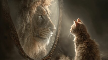 Cat seeing itself as a lion in the reflection highlights self discovery, emphasizing the importance of exploring identity and recognizing untapped potential.