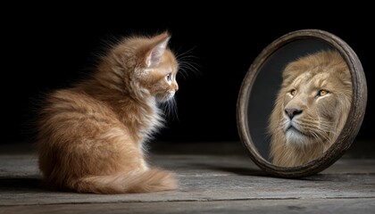 Cat seeing itself as a lion in the reflection highlights self discovery, emphasizing the importance of exploring identity and recognizing untapped potential.