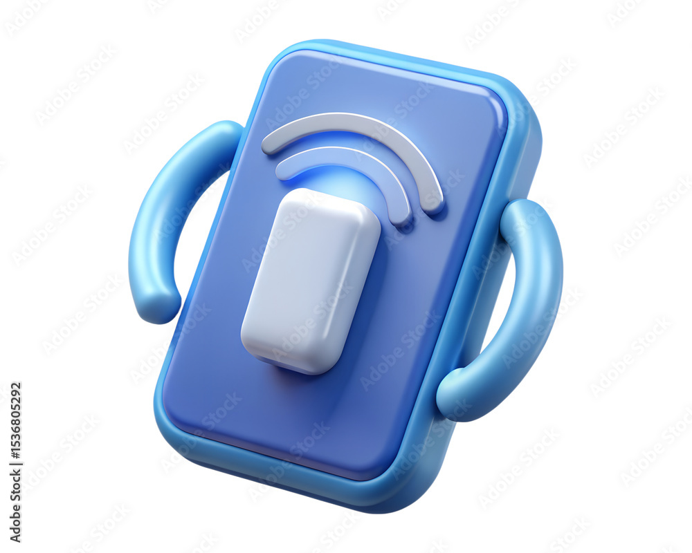 Poster 3d rendered blue mobile phone icon with a white display and wifi signal emanating from the screen wi
