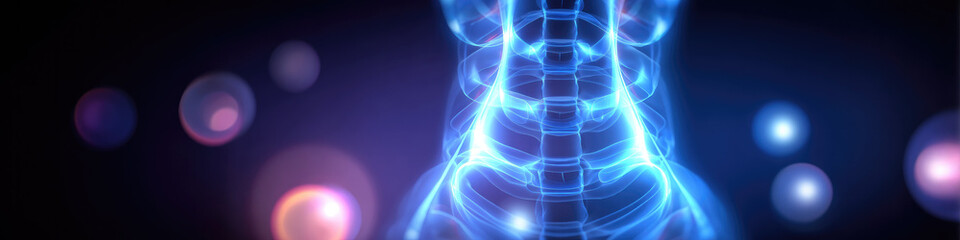 Captivating Visual Representation of Human Back Pain: Modern Abstract Design with Gradient Blue Background and Glowing Transparent Circles. Professional Illustration for Medical, Healthcare, and Rehab