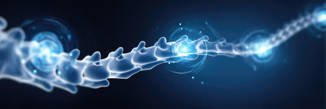 Captivating Visual Representation of Human Back Pain: Modern Abstract Design with Gradient Blue Background and Glowing Transparent Circles. Professional Illustration for Medical, Healthcare, and Rehab