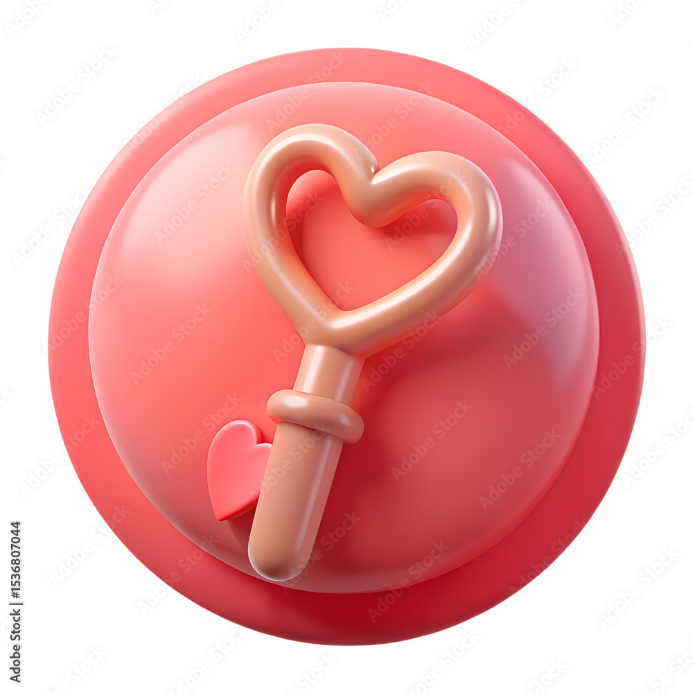 Poster a charming 3d rendering of a heart-shaped key on a soft pink background with a small heart shaped ic